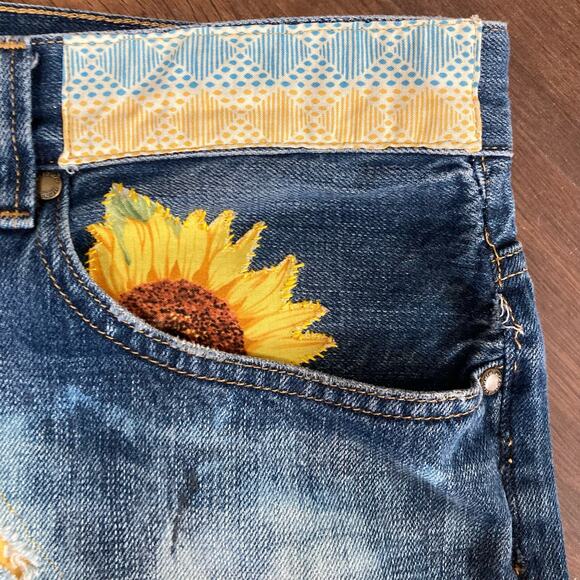 Upcyled Boyfriend Art Jeans 36 x 30 Altered Patchwork Bleach Patched Appliques - Picture 4 of 14